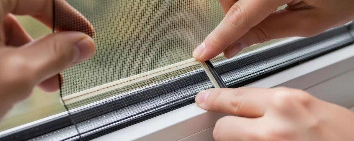 ช่างกำลังติดตั้งมุ้งลวดกันยุงที่กรอบหน้าต่างอย่างละเอียด