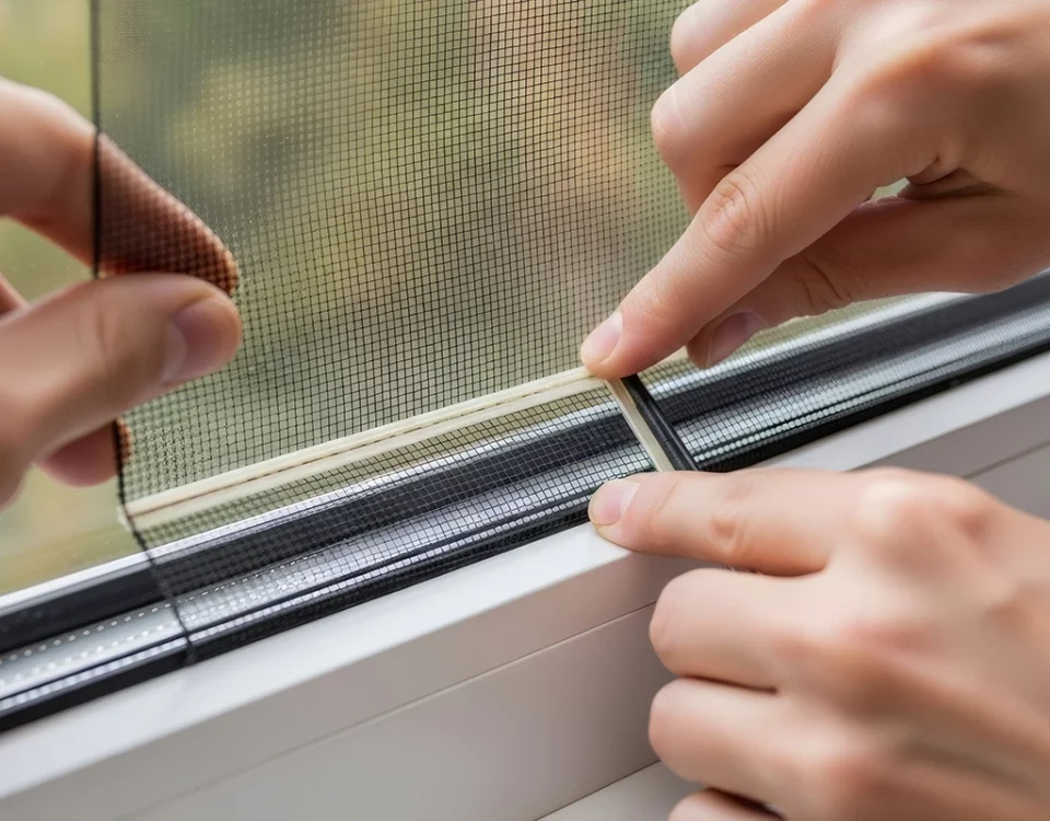 ช่างกำลังติดตั้งมุ้งลวดกันยุงที่กรอบหน้าต่างอย่างละเอียด