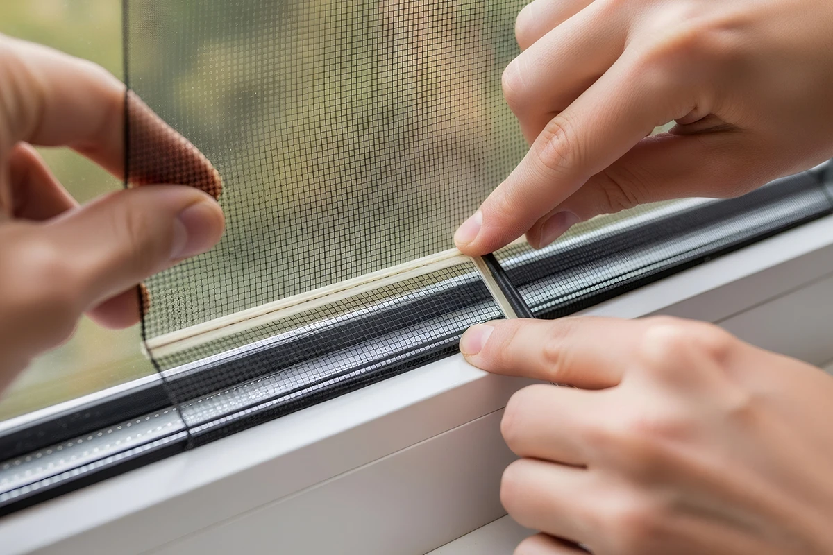 ช่างกำลังติดตั้งมุ้งลวดกันยุงที่กรอบหน้าต่างอย่างละเอียด